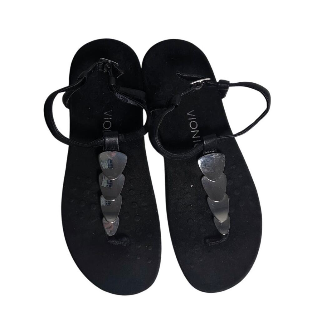 Vionic Black T-Strap Sandals with Silver Accents
